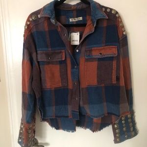 Free People Plaid Austin Button Down Embellished Flannel Jacket